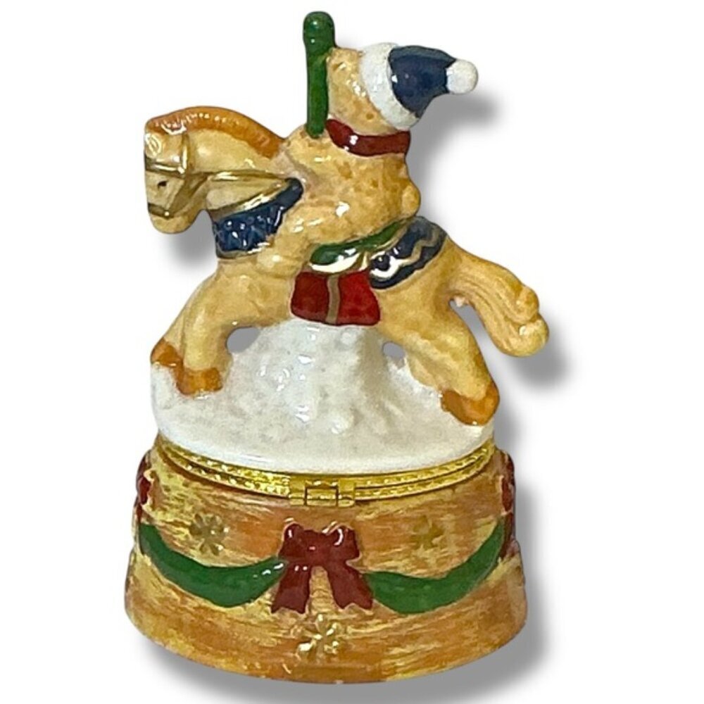 Vintage Hand Painted Trinket Box Hinged Christmas Santa Bear Carousel Horse 1990 - Picture 7 of 16